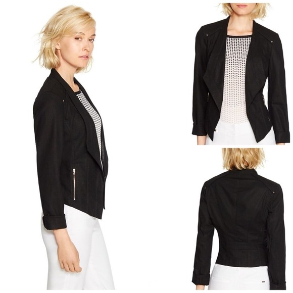 WHBM Black Linen Motorcycle Light shoulder Padding Jacket Size 8 NEW - Picture 1 of 5